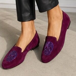 Alexander McQueen Plum Suede Sequin Skull  Loafers Purple Flats FLAWED
